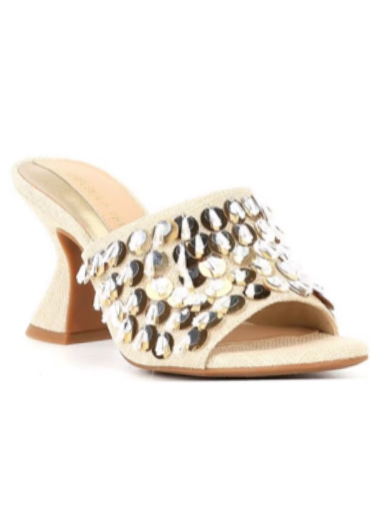 Chelsea & Violet Shoes - Chelsea & Violet Piperr Linen Ornamented Sequin Fringe Heeled Slide Sandals NEW